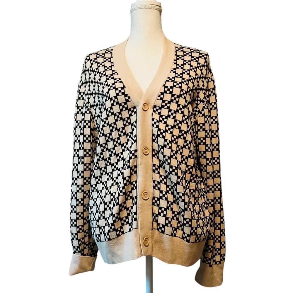 Sandro Men’s Square Cross Jacquard Elegant Black and Cream Cardigan EST Size